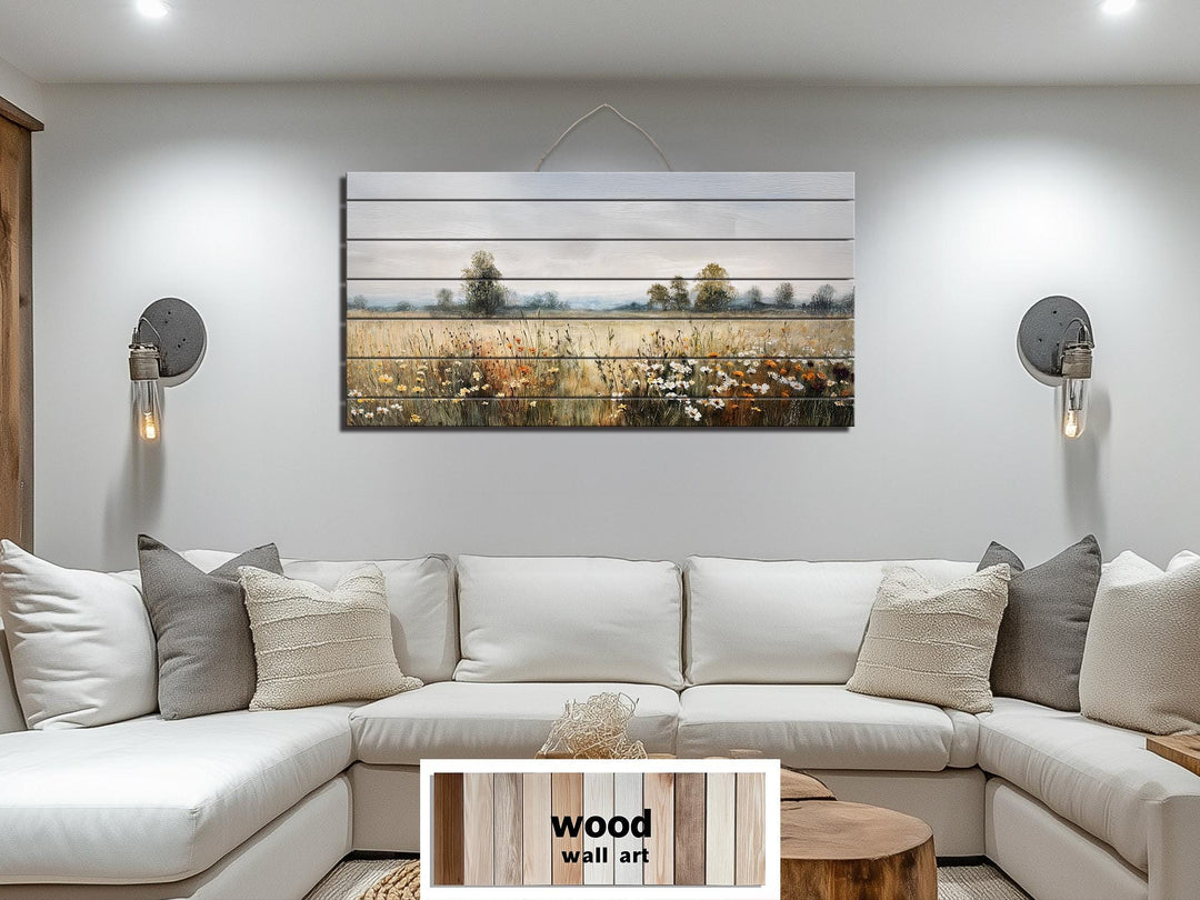 Muted Rustic Wildflower Meadow Distressed Wood Wall Art