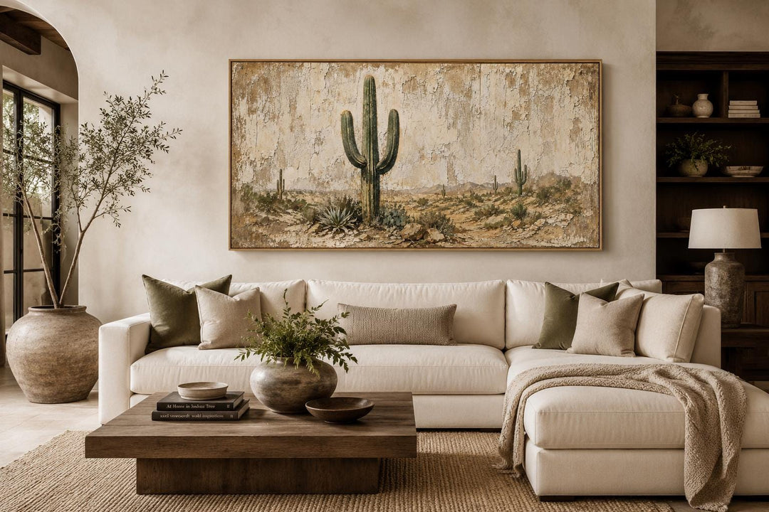 Minimalist saguaro cactus canvas wall art on a weathered wood-look background above a cream sofa.