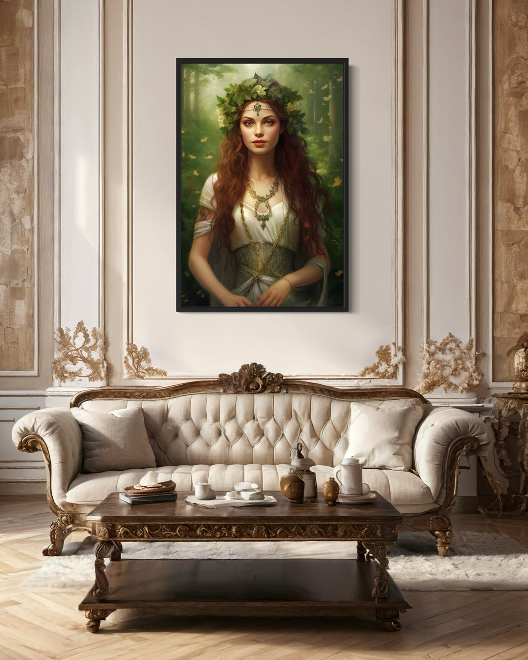 Aine Irish Goddess of Summer, Wealth and Sovereignty Framed Canvas Wall Art above white couch