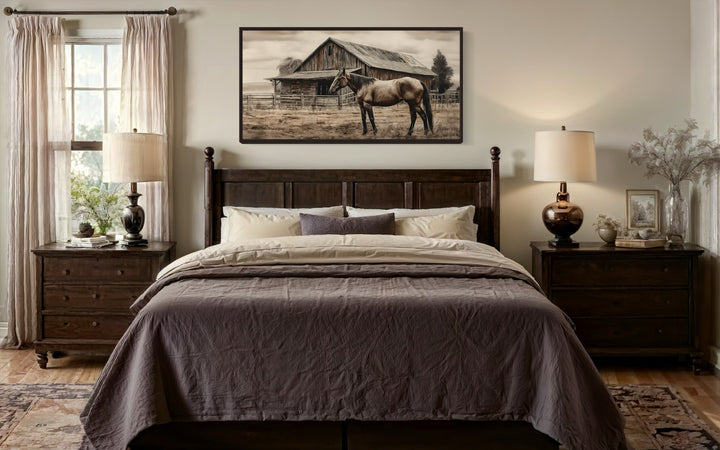 Farm Horse Near Old Barn Rustic Farmhouse Canvas Wall Art above wooden bed