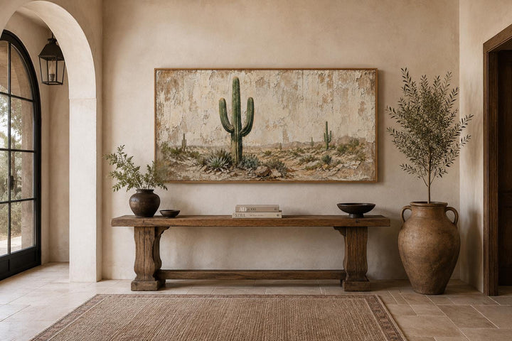Minimalist saguaro cactus canvas wall art on a weathered wood-look background above a wooden console.