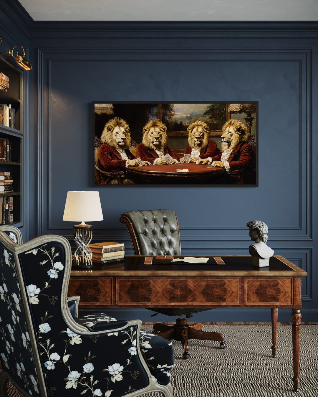 Lions In Suits Playing Poker Smoking Cigars Man Cave Framed Canvas Wall Art in the office