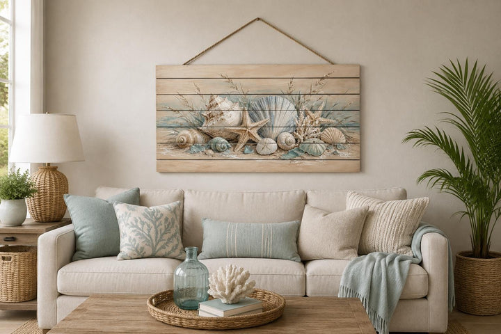 Seashells and starfish watercolor print on distressed wood planks with a rope hanger.