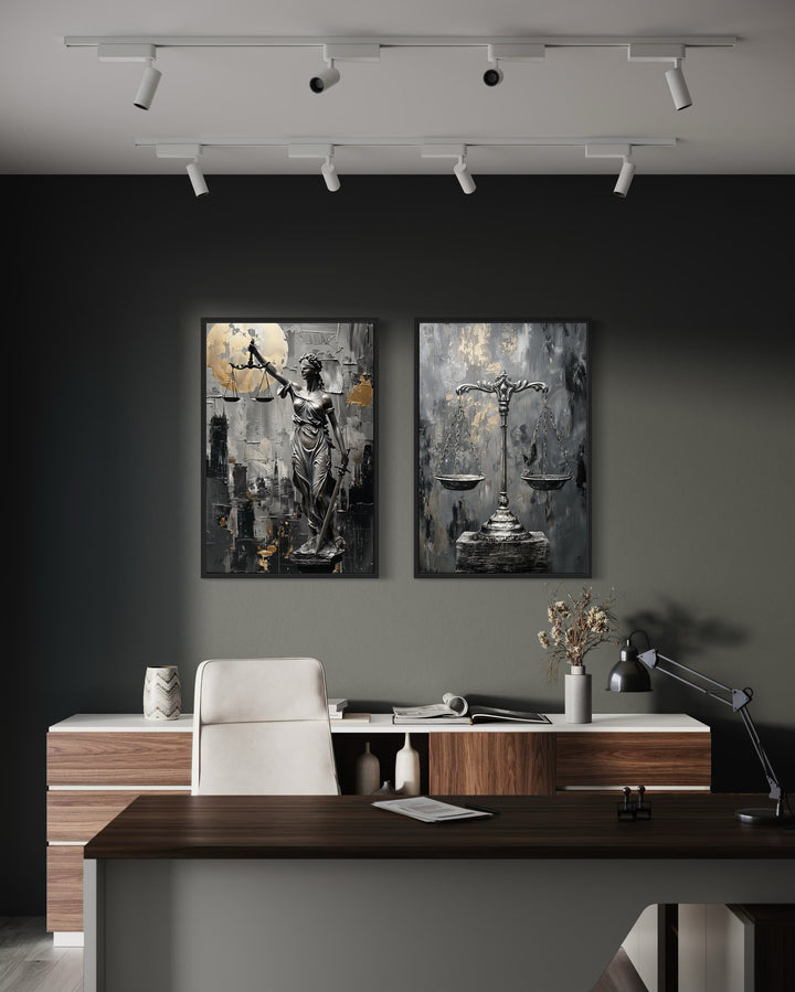 Law Office Set Of 2 Lady Justice And Scales Of Justice Framed Canvas Wall Art in law firm