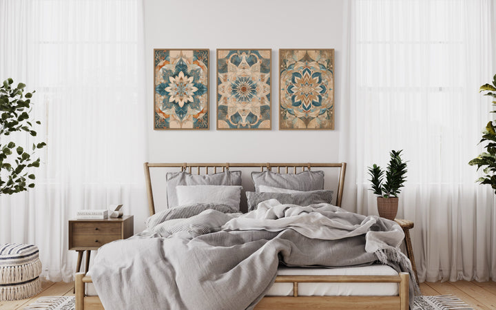 framed Wall Art Set of 3 Boho Neutral Mandala Wall Decor in a bedroom with a bed and two paintings on the wall