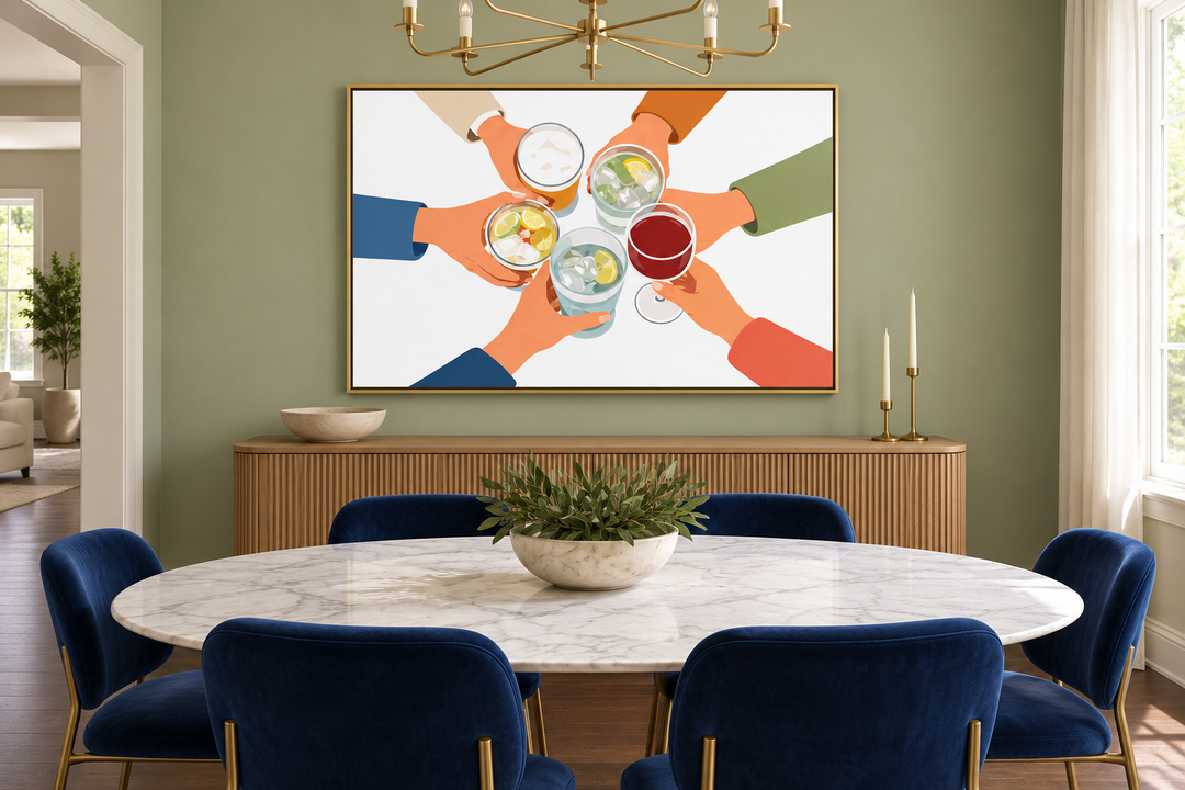 Modern illustration of friends' hands raising various drinks in a toast, framed in a dining room.