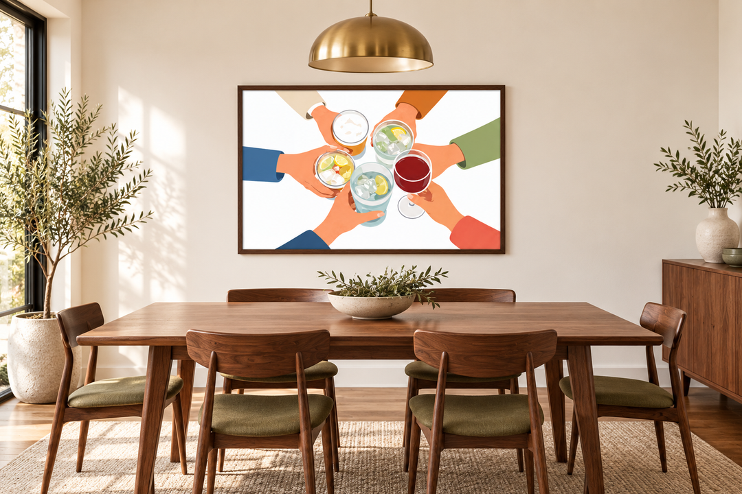 Modern dining room wall art canvas print of friends toasting drinks in a walnut wood frame.