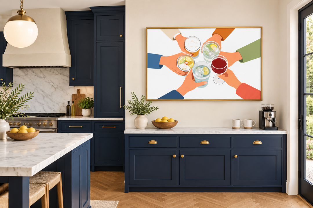Modern Cheers wall art canvas print of friends toasting drinks in a navy blue kitchen setting.