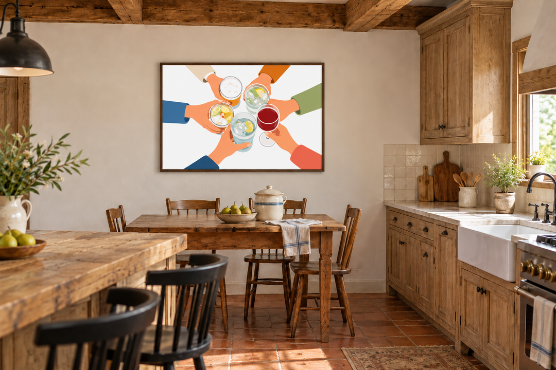 Modern Cheers wall art canvas print of friends toasting drinks in a rustic dining room setting.