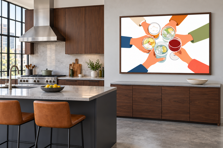 Modern illustration of friends toasting drinks in a walnut frame on a kitchen wall.