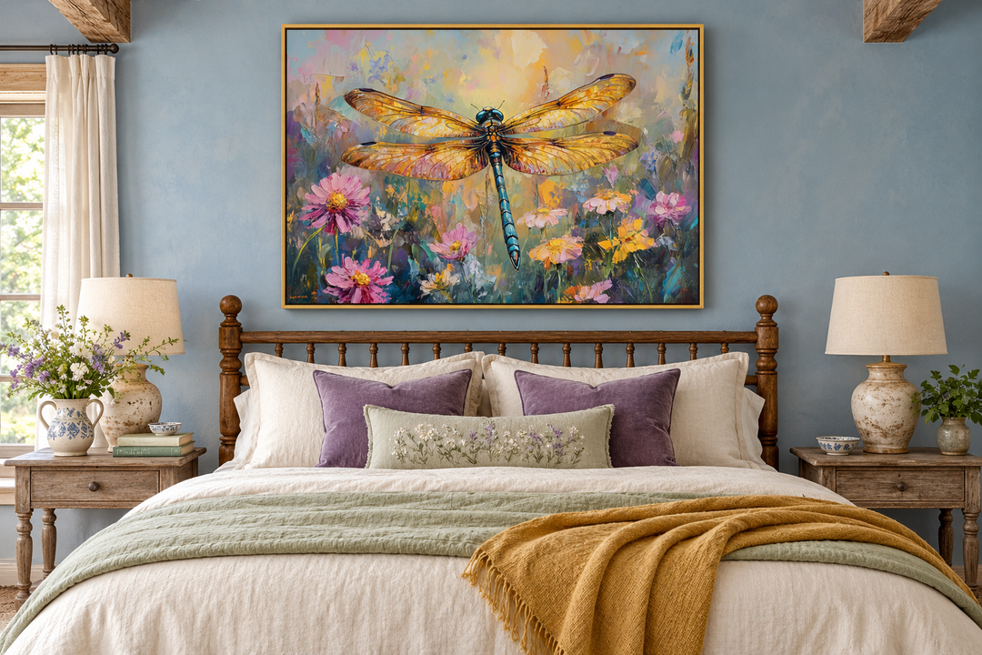 Framed canvas wall art of a colorful dragonfly over wildflowers above a bed in a blue bedroom.