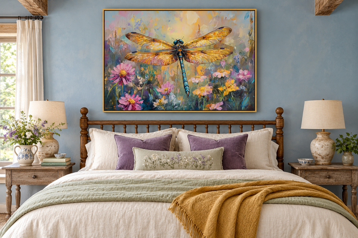 Framed canvas wall art of a colorful dragonfly over wildflowers above a bed in a blue bedroom.