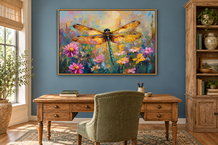 Framed canvas wall art of a colorful dragonfly over a wildflower meadow in a home office setting.