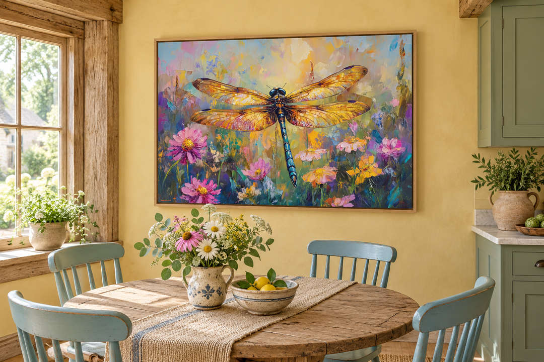 Framed dragonfly and wildflower painting in a rustic dining room with a wooden table and blue chairs.