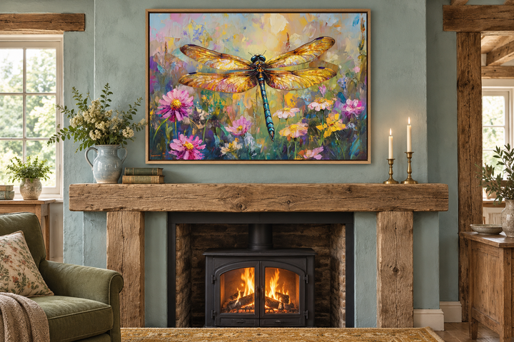 Framed canvas wall art of a colorful dragonfly over wildflowers above a rustic wooden fireplace.