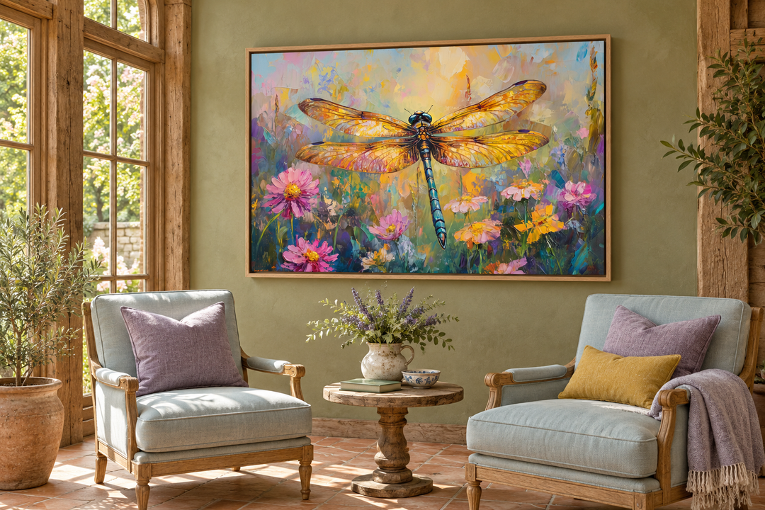 Framed canvas wall art of a colorful dragonfly over a wildflower meadow in a sunlit room.