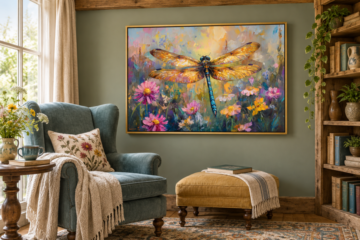 Framed canvas wall art of a colorful dragonfly over a wildflower meadow in a cozy reading nook.