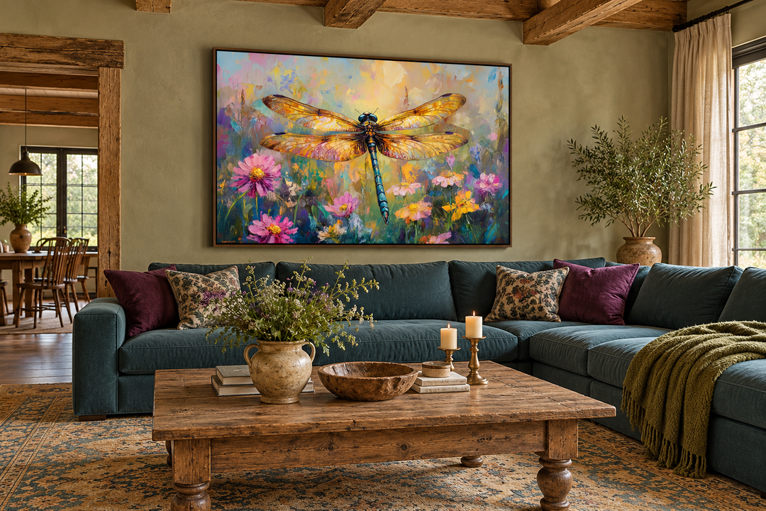 Framed canvas wall art of a colorful dragonfly over a wildflower meadow in a rustic living room.