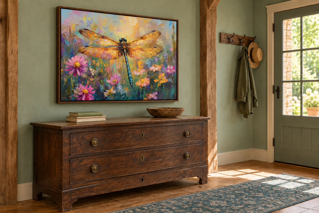 Framed dragonfly painting on canvas above a rustic wooden dresser in a farmhouse entryway.