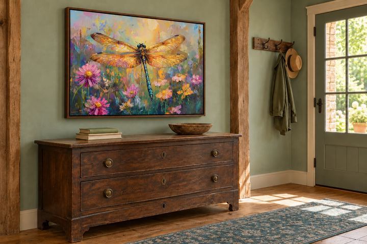 Framed dragonfly painting on canvas above a rustic wooden dresser in a farmhouse entryway.