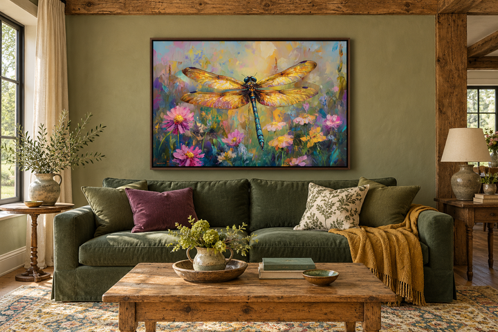 Framed dragonfly and wildflower painting above a green sofa in a rustic living room.