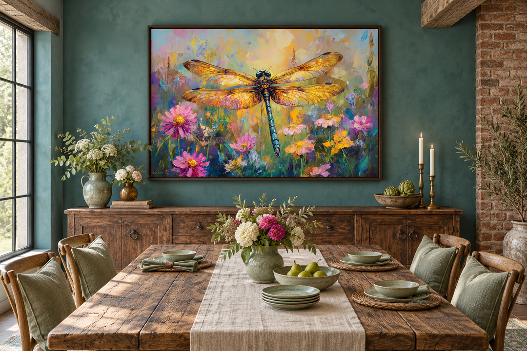 Framed canvas wall art of a colorful dragonfly over a wildflower meadow in a rustic dining room.