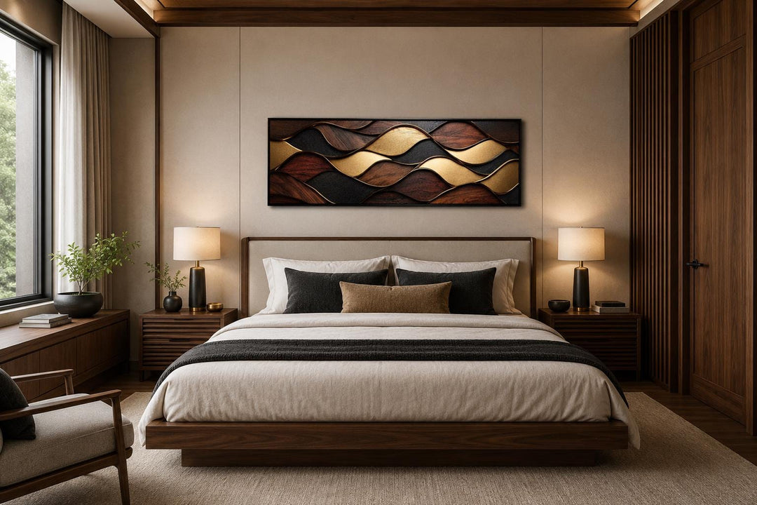 Long horizontal abstract wood texture canvas with brown and gold geometric waves above a bed.
