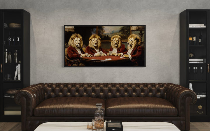 Lions In Suits Playing Poker Smoking Cigars Man Cave Framed Canvas Wall Art above brown couch