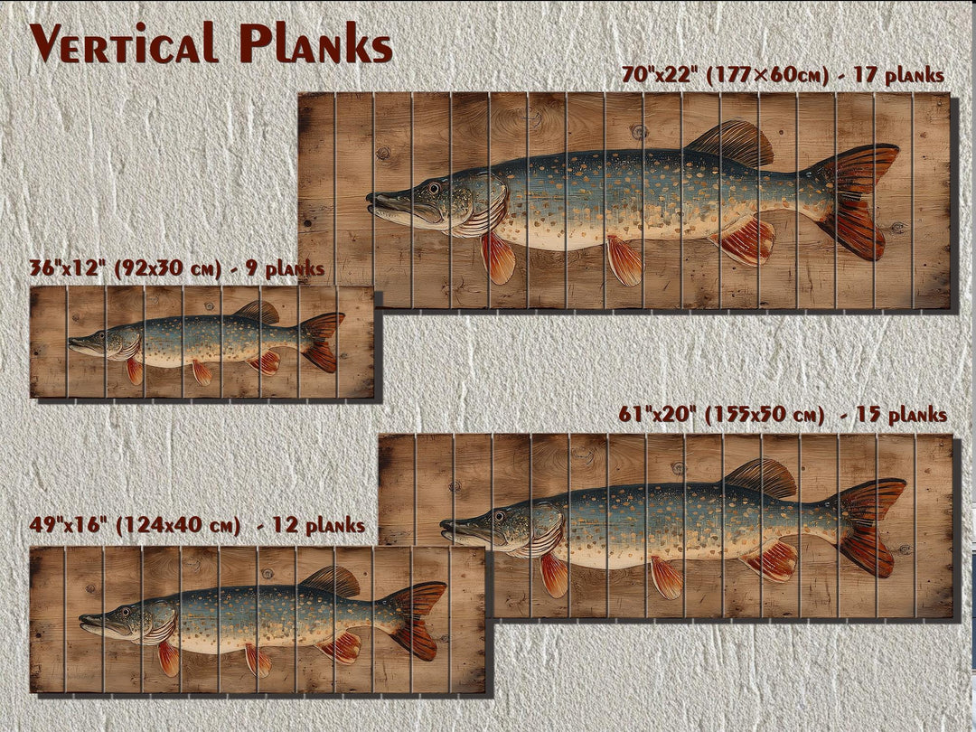 Northern Pike Distressed Wood Wall Art, Rustic Fishing Cabin Print On Wood Planks, Long Horizontal Lakehouse Angler Wall Decor