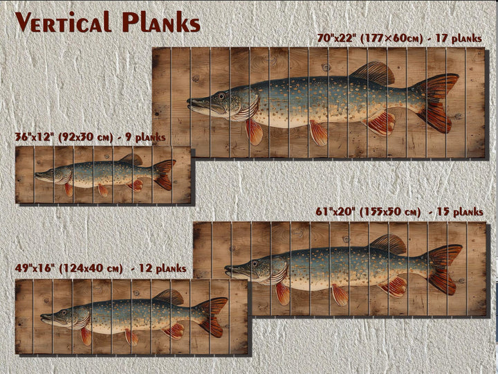 Northern Pike Distressed Wood Wall Art, Rustic Fishing Cabin Print On Wood Planks, Long Horizontal Lakehouse Angler Wall Decor