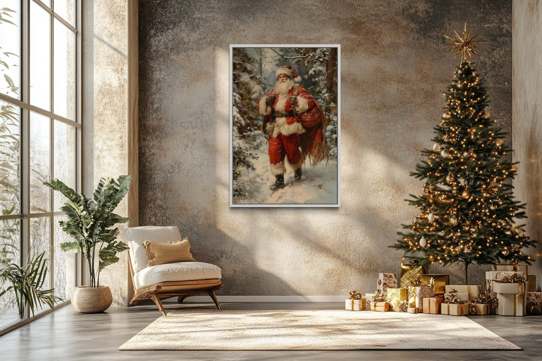 Santa In The Forest With Bag Of Gifts Framed Canvas Wall Art