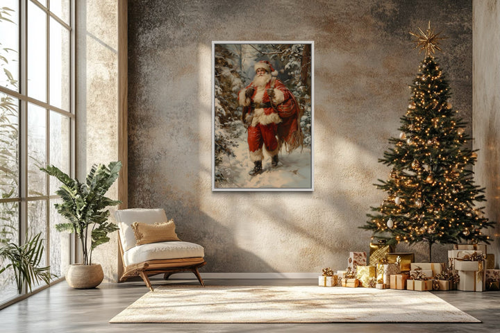 Santa In The Forest With Bag Of Gifts Framed Canvas Wall Art