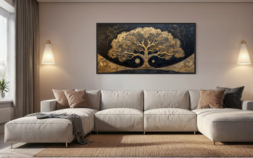 Golden Tree of Life on Black Background Canvas Wall Art in living room