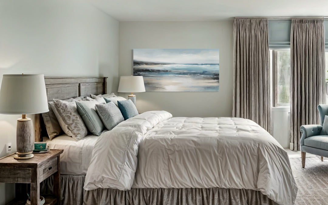 Calm Minimalist Blue Gray Ocean Coastal Framed Canvas Wall in coastal bedroom