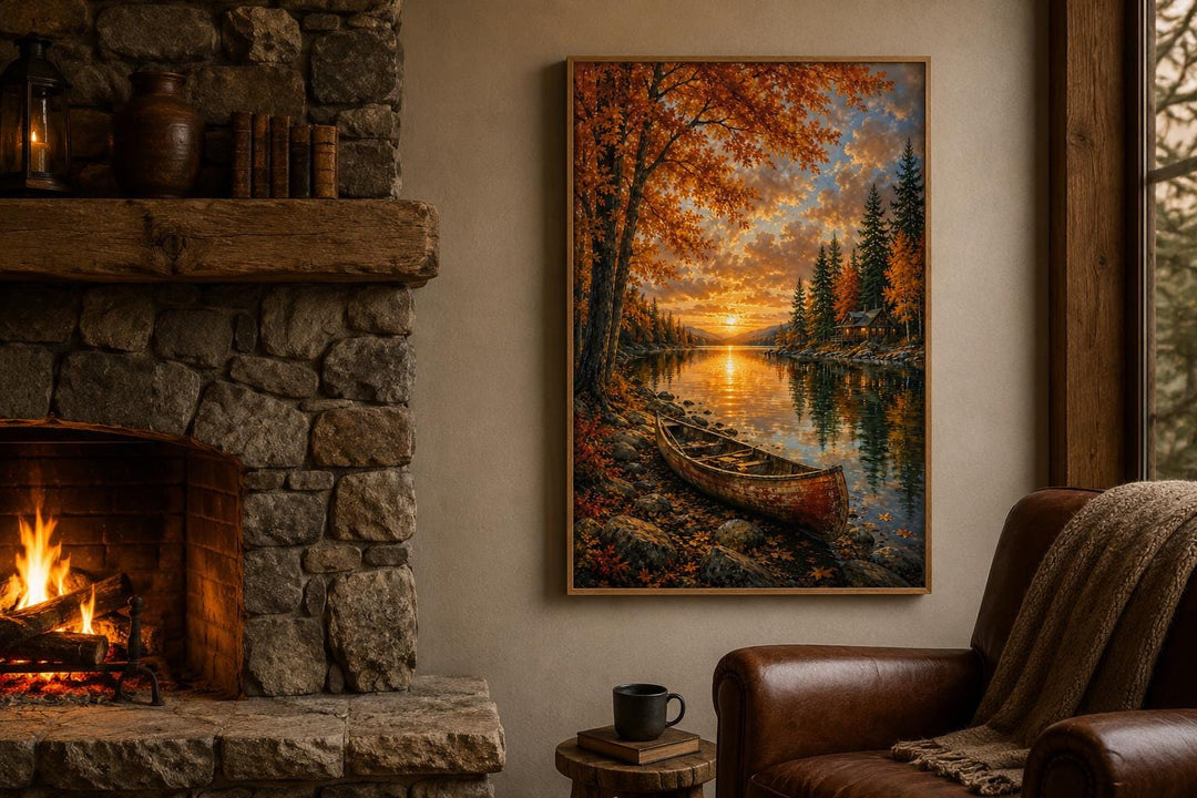 Canoe In Autumn Lake Wall Art - Fall Painting | Vertical Canvas Print, Rustic Cabin Decor