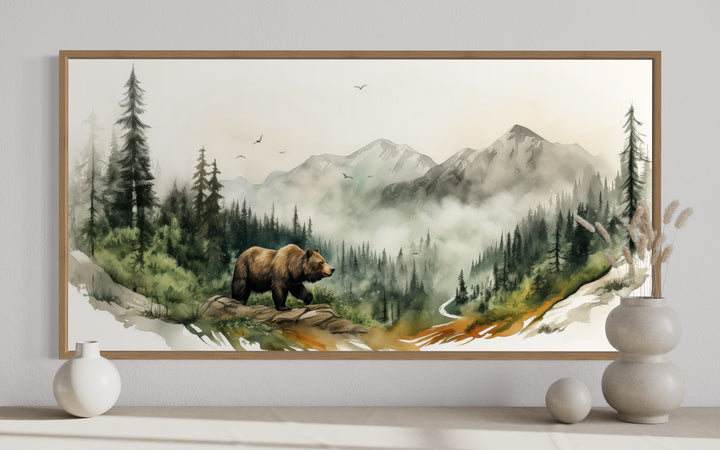 Bear In The Mountain Forest Watercolor Landscape Framed Canvas Wall Art close up