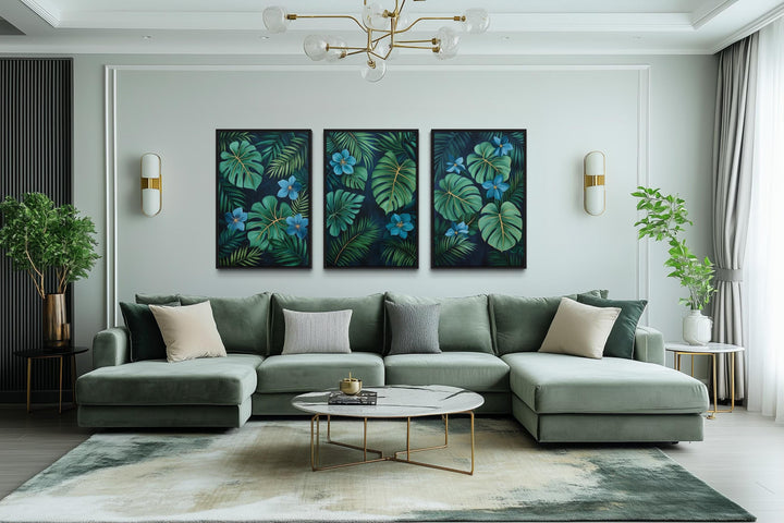 Rainforest Canvas Wall Art – Set of 3 Tropical Botanical Prints | Green Gold Blue