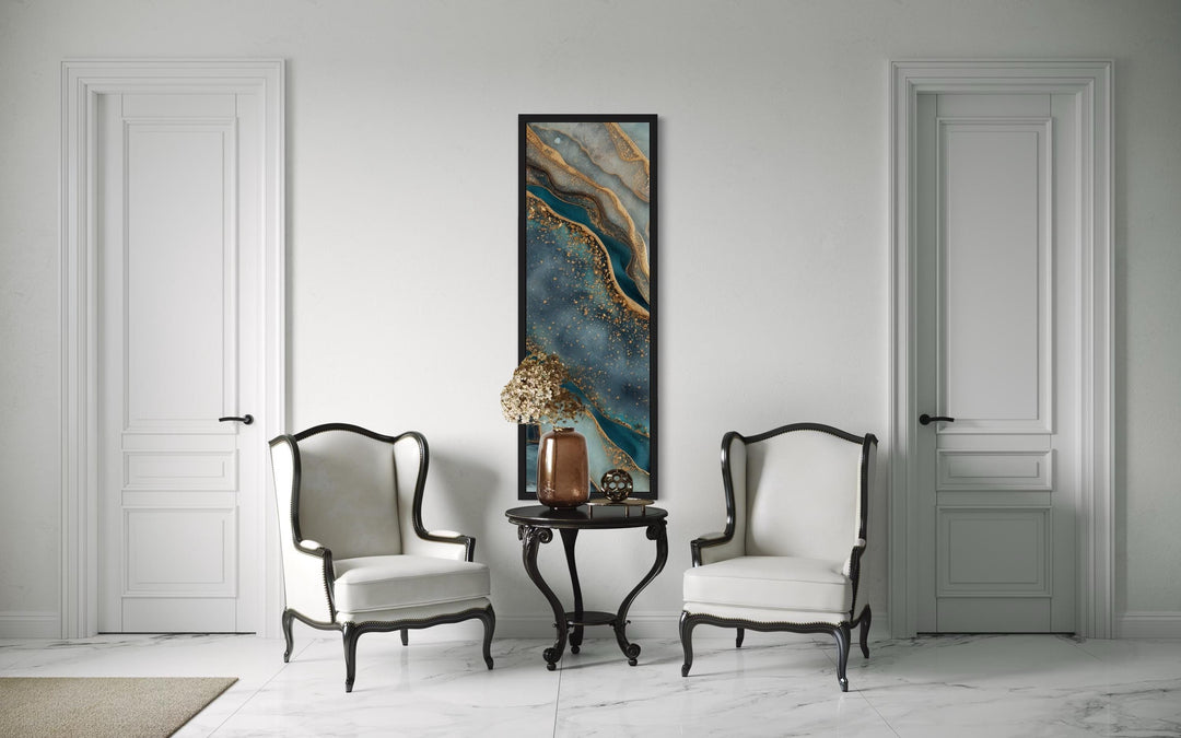 Tall Narrow Vertical Marble Inspired Abstract Teal Blue Gold Canvas Print