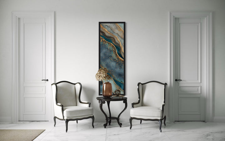 Tall Narrow Vertical Marble Inspired Abstract Teal Blue Gold Canvas Print