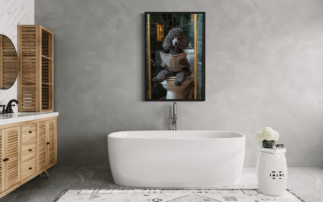 Grey Medium Poodle On Toilet Reading Newspaper canvas wall art in the bathroom