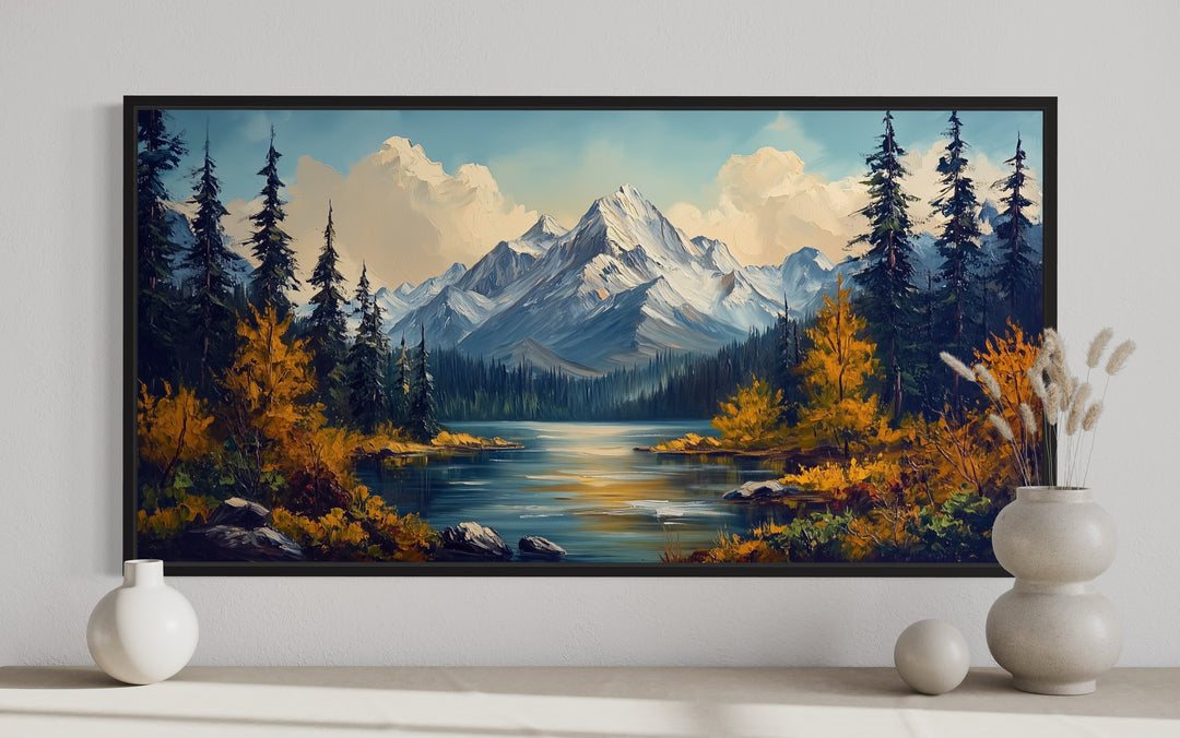 Mountain Lake Scenic Autumn Landscape Framed Canvas Wall Art close up