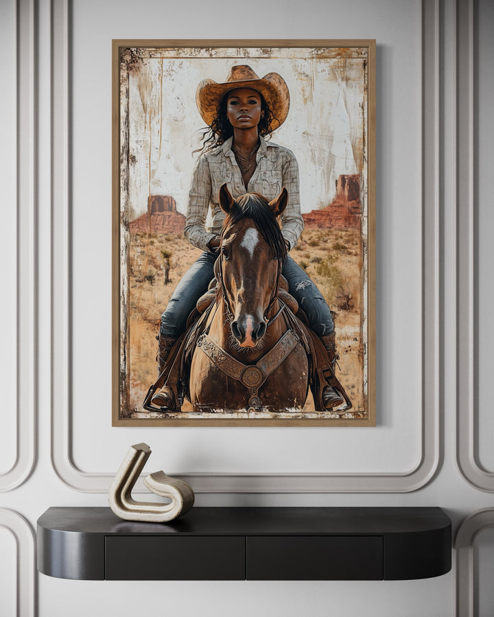 Black Girl Riding A Horse Framed Canvas Wall Art close up