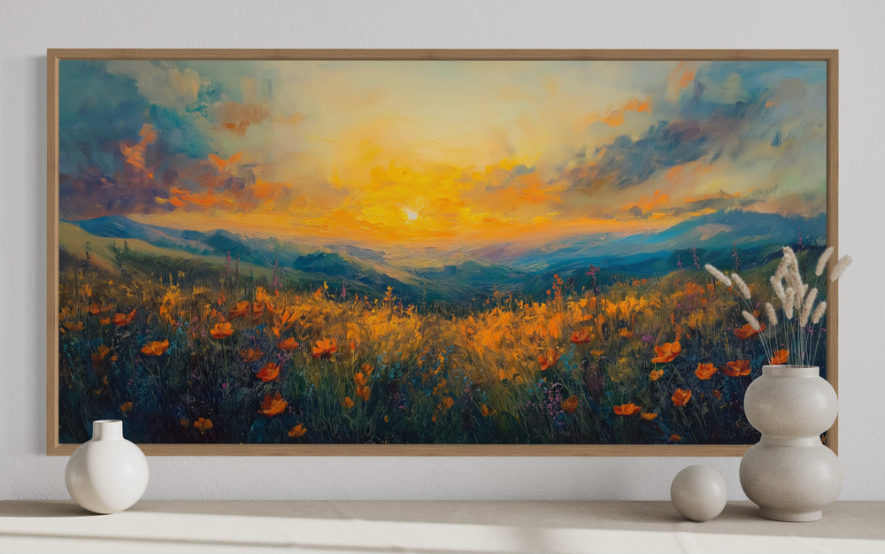 Beautiful Wildflower Field At Sunset Painting Framed Canvas Wall Art close up