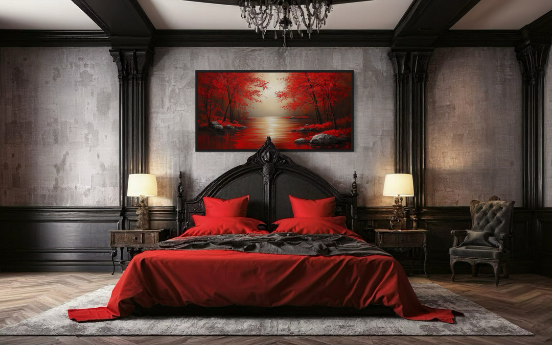 Red Trees And River Autumn Landscape Framed Canvas Wall Art in a bedroom with a large bed and a chandelier