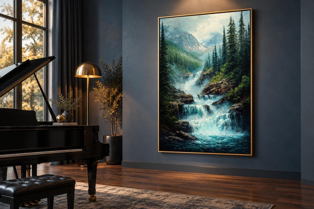 Vertical canvas wall art of a majestic mountain waterfall landscape in a dark blue room.