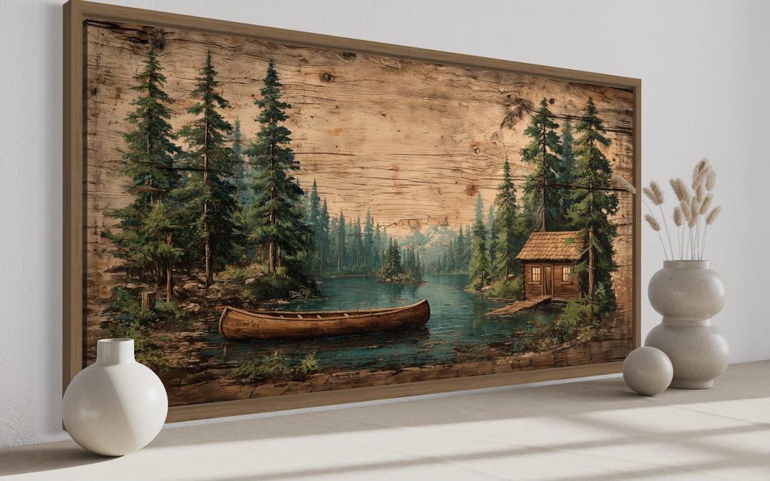 Canoe In The Lake And Pine Forest Scene Canvas Wall Art For Rustic Cabin Decor