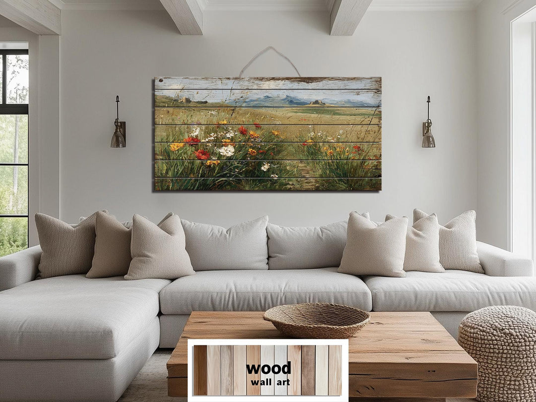 Rustic Wildflower Field Distressed Wood Wall Art