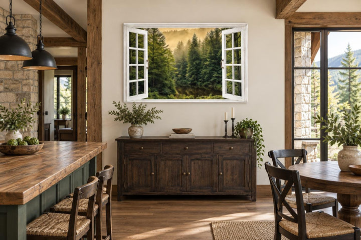 Fake window wall art showing a foggy pine tree forest and stream in a rustic living room.