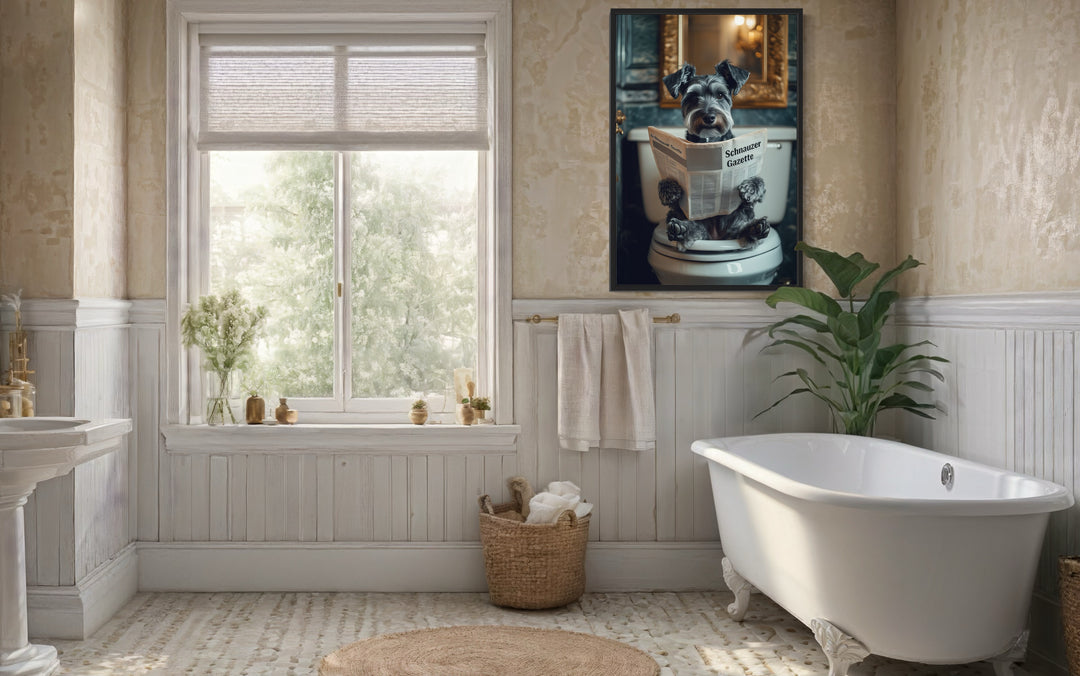 Miniature Schnauzer On The Toilet Reading Newspaper Picture in a bath room with a tub a sink and a window