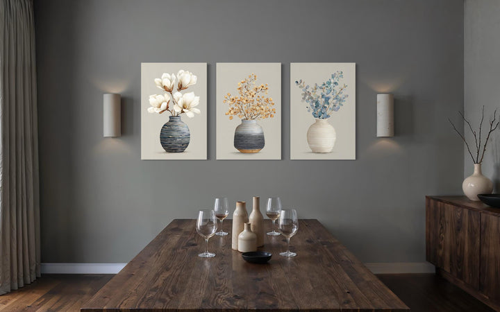 Dining Room Wall Art – Neutral Floral Canvas Set | Modern Minimalist Botanical Prints